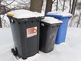 drei verschneite Mülltonnen nebeneinander
