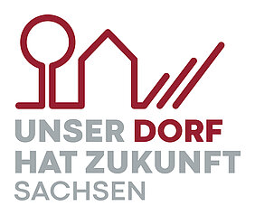Logo mit der Aufschrift Unser Dorf hat Zukunft Sachsen und angedeutetem Haus und Baum