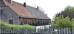 Altes Bauernhaus mit Holzbeschlag zwischen grünen Büschen